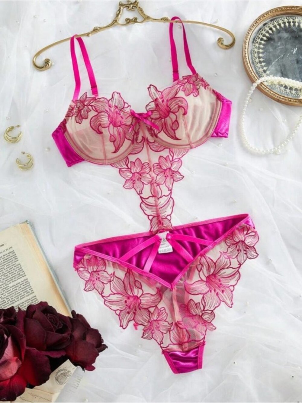 Pink Floral Embroidered Teddy Lingerie – Sheer Mesh & Satin One-Piece – New